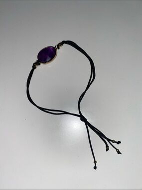 Adjustable Black Cord Bracelet with Purple Gemstone Accent